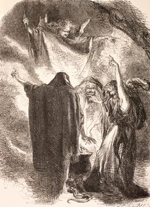 Illustration des sorcières autour de leur chaudron dans Macbeth, de 